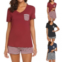 Fashion Striped Spliced Short Sleeve T-shirt + Shorts Nightwear Set
