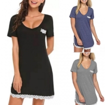 Fashion Lace Spliced Short Sleeve V-neck T-shirt Dress