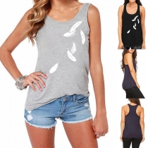 Fashion Feather Printed Round Neck Casual Tank Top