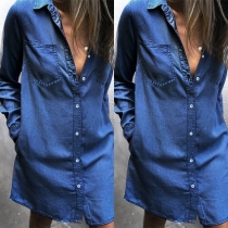 Fashion Long Sleeve POLO Collar Denim Shirt Dress