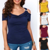 Sexy Off-shoulder Short Sleeve Cowl Neck Solid Color T-shirt 