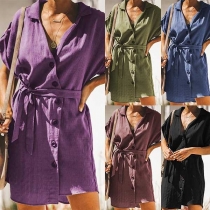 Fashion Solid Color Short Sleeve V-neck Shirt Dress