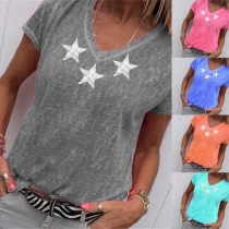 Fashion Short Sleeve V-neck Pentagram Printed T-shirt