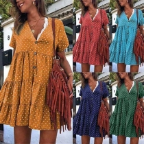 Fresh Style Short Sleeve V-neck Dots Printed Dress