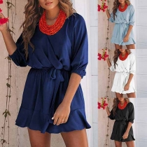 Fashion Solid Color Half Sleeve V-neck Ruffle Hem Dress