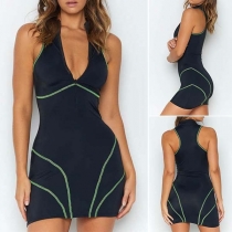 Fashion Contrast Color Sleeveless Stand Collar Tight Dress