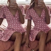 Sexy V-neck Short Sleeve High Waist Dots Printed Dress