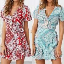 Fresh Style Short Sleeve V-neck Printed Dress