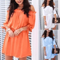 Sexy Off-shoulder Boat Neck Half Sleeve Solid Color Dress
