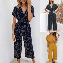 Sexy V-neck Short Sleeve High Waist Printed Jumpsuit 
