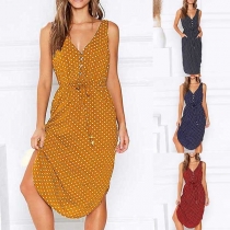 Sexy V-neck Sleeveless High Waist Dots Printed Dress