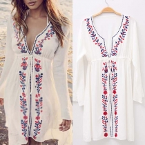 Bohemian Style Long Sleeve V-neck Printd Dress