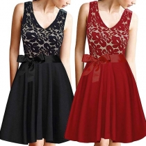 Elegant Solid Color Sleeveless V-neck Lace Spliced Dress