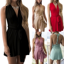 Sexy Deep V-neck Sleeveless High Waist Solid Color Dress