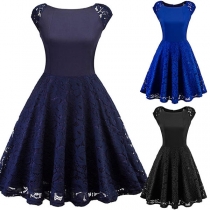 Fashion Solid Color Sleeveless Round Neck Lace Spliced Dress