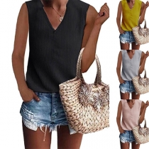 Fashion Solid Color Sleeveless V-neck T-shirt 