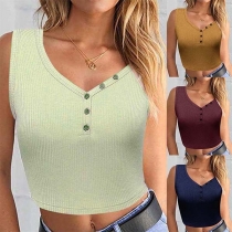 Sexy V-neck Sleeveless Solid Color Crop Top