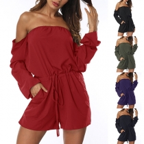 Sexy Off-shoulder Boat Neck Long Sleeve Solid Color Romper 