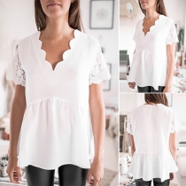 Fashion Lace Spliced Short Sleeve V-neck Solid Color Top 