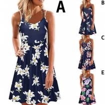 Sexy Backless V-neck High Waist Printed Sling Dress