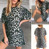 Fashion Leopard Printed Short Sleeve Round Neck Dress