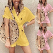 Fashion Solid Color Short Sleeve Notched Lapel Romper