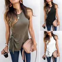 Fashion Solid Color Sleeveless Round Neck Side-knotted T-shirt