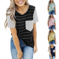 Fashion Contrast Color Short Sleeve V-Neck Striped Shirt