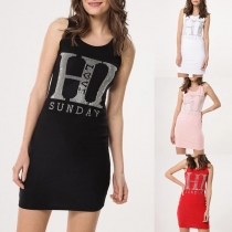 Fashion Rhinestone Spliced Letters Sleeveless Slim Fit Dress 