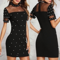 Sexy Gauze Spliced Short Sleeve Mock Neck Beaded Dress