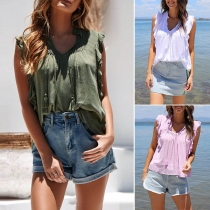 Fashion Solid Color Lotus Sleeve V-Neck Top