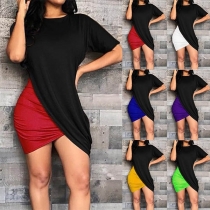 Fashion Contrast Color Short Sleeve Irregular Hem Dress