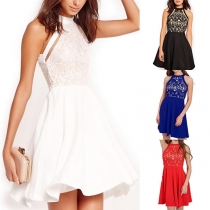 Sexy Lace Spliced Sleeveless Round Neck Solid Color Dress