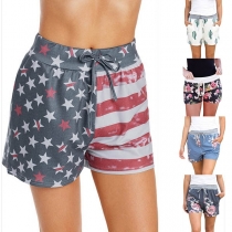 Fashion Drawstring Elastic Waist Printed Shorts