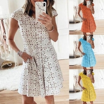 Sexy Short Sleeve V-neck Solid Color Hollow Out Dress