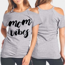 Fashion Off-shoulder Short Sleeve Letters Printed T-Shirt