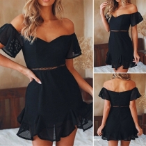 Sexy Off-shoulder Boat Neck Short Sleeve Ruffle Hem Dress(It falls small)