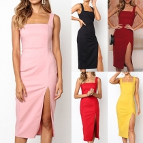 Sexy Backless Slit Hem Solid Color Slim Fit Sling Dress