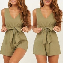 Fashion Solid Color Sleeveless V-neck Lace-up High Waist Romper