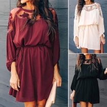 Fashion Solid Color Long Sleeve Round Neck Gauze Spliced Dress