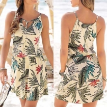 Fashion Elastic Waist Printed Sling Dress