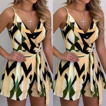Sexy V-neck High Waist Printed Sling Romper