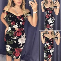 Sexy Off-shoulder Boat Neck Slim Fit Printed Dress