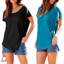 Fashion Solid Color Short Sleeve Lace Spliced T-shirt 
