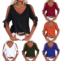 Sexy Off-shoulder Short Sleeve Round Neck Solid Color T-shirt