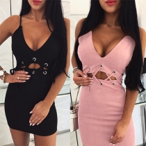 Sexy Backless V-neck Hollow Out Lace-up High Waist Sling Dress