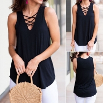 Fashion Solid Color Sleeveless Crossover Lace-up V-neck Top