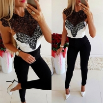 Sexy Hollow Out Lace Spliced Sleeveless Slim Fit Top