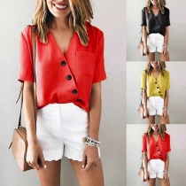 Fashion Solid Color Short Sleeve V-neck Front-button Blouse