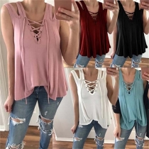 Fashion Solid Color Sleeveless Lace-up V-neck Top